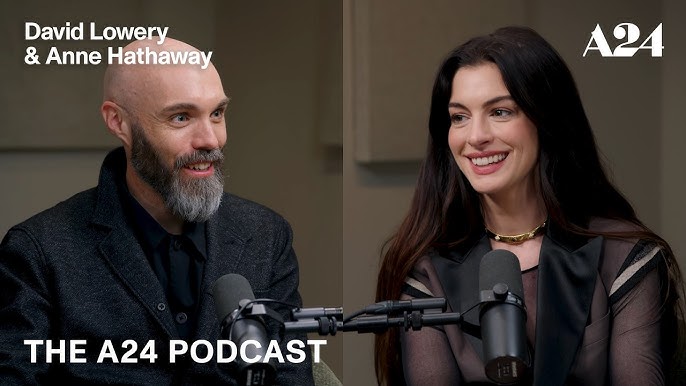 Anne Hathaway speaking during a podcast interview