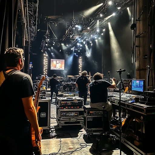 Professional concert backstage area and equipment setup