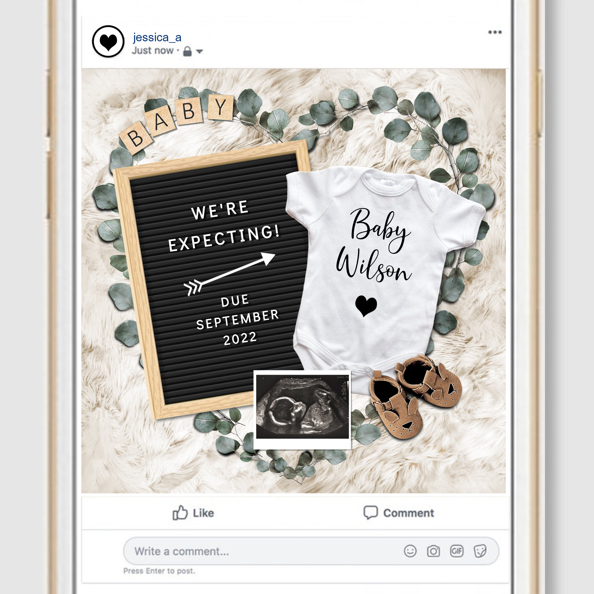 Social media baby announcement on phone screen