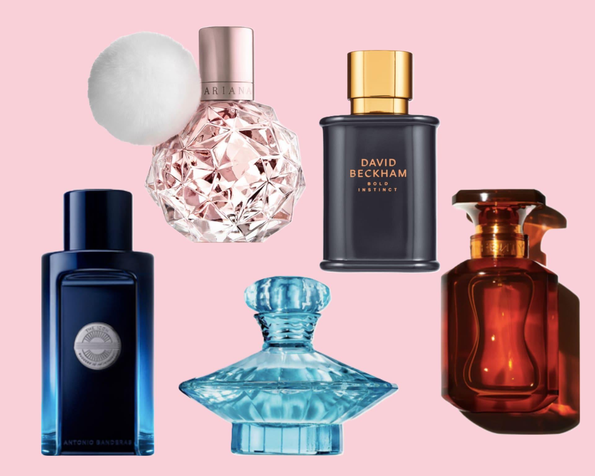 Collection of high-end celebrity fragrances and bottles