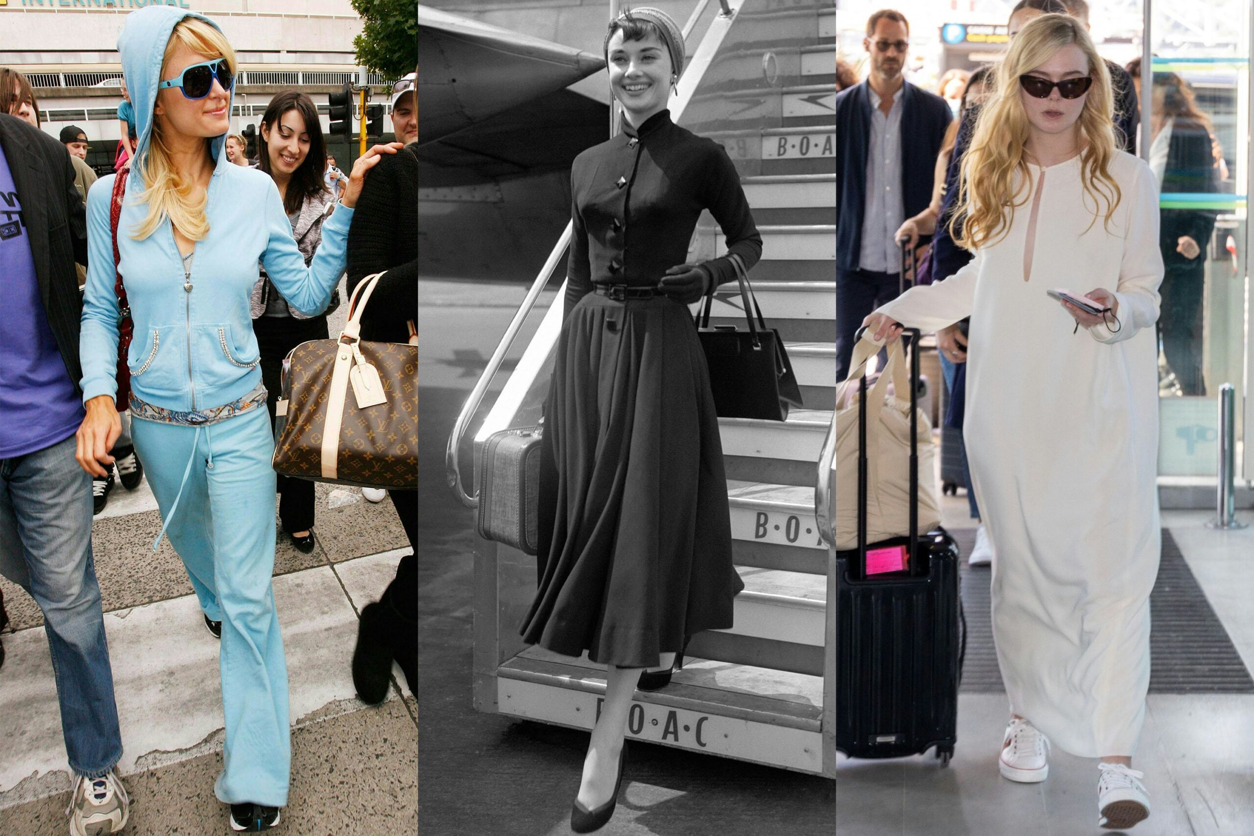 Celebrities traveling through airport with luggage