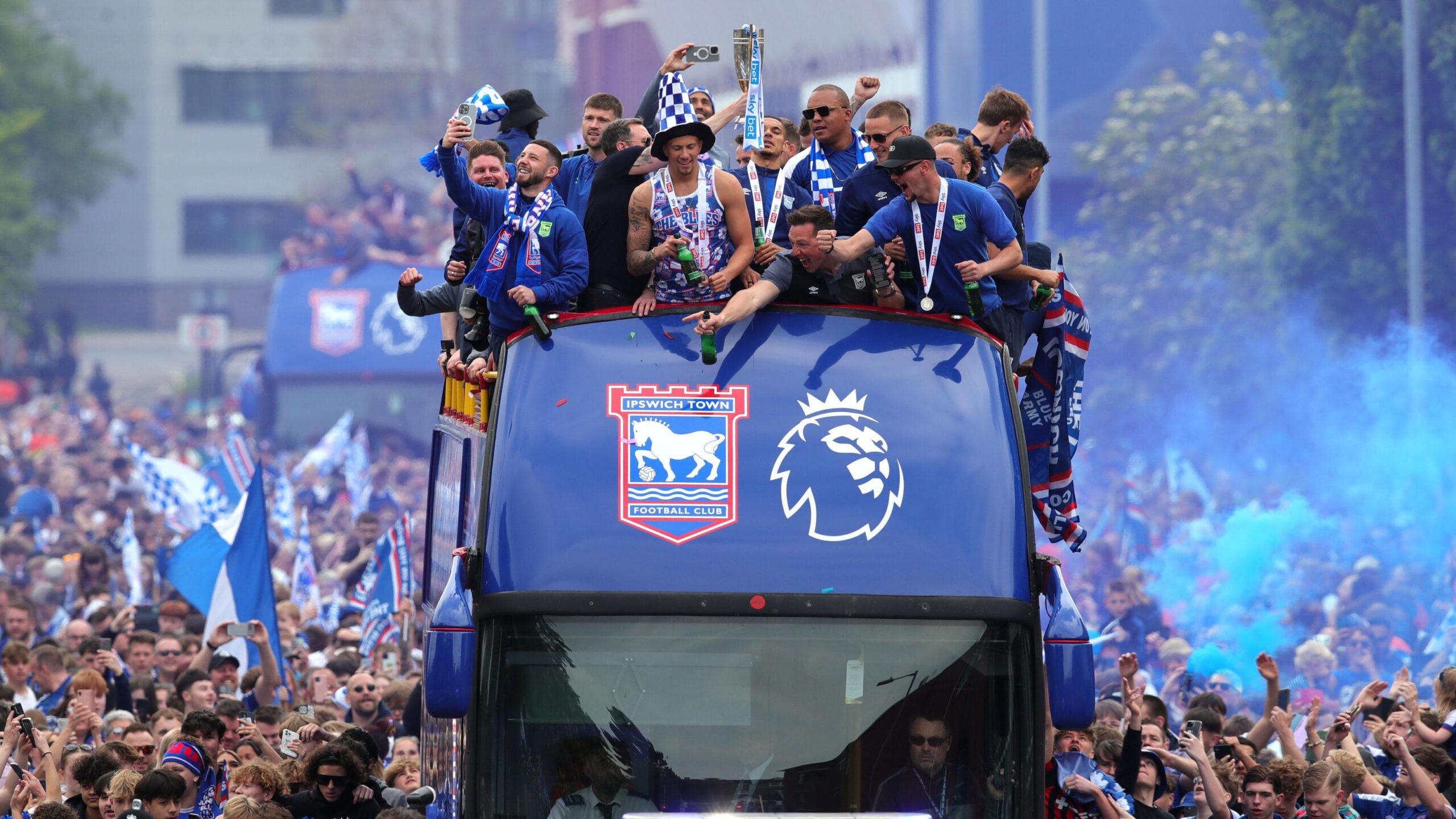 Ipswich Town FC supporters celebrating promotion