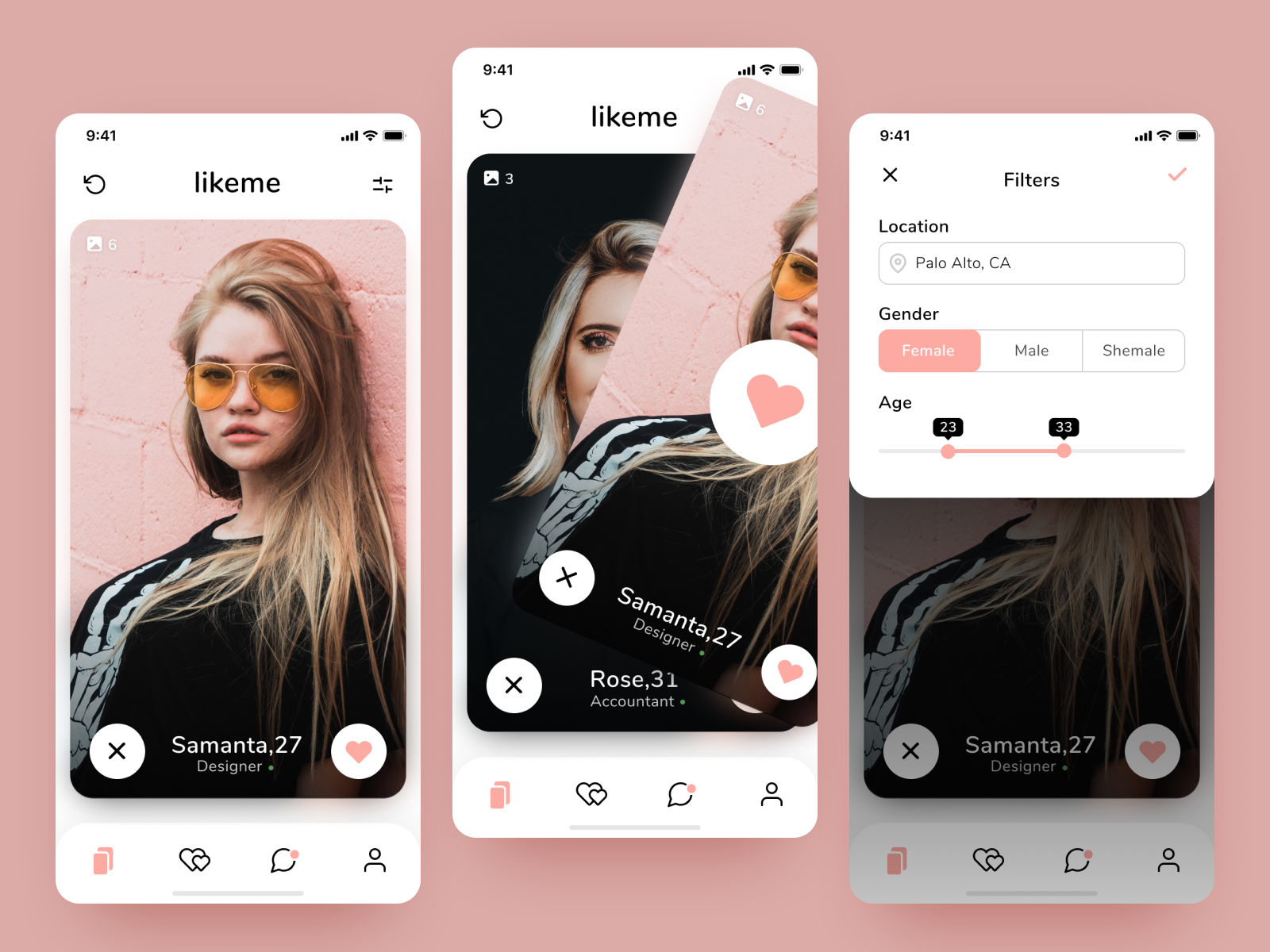 Mobile phone displaying dating app interfaces