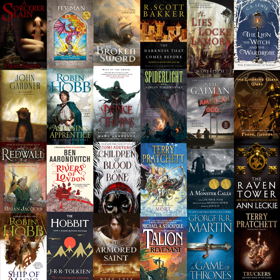 Collection of modern fantasy literature books on display