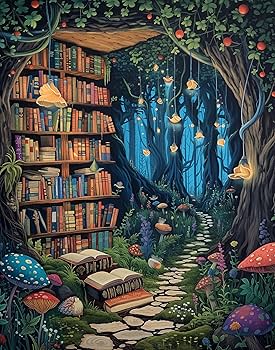People reading fantasy books in a modern library setting