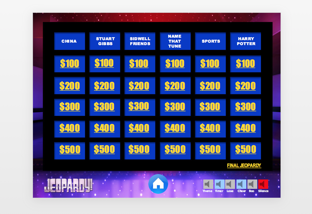The iconic Jeopardy! game board with various category options