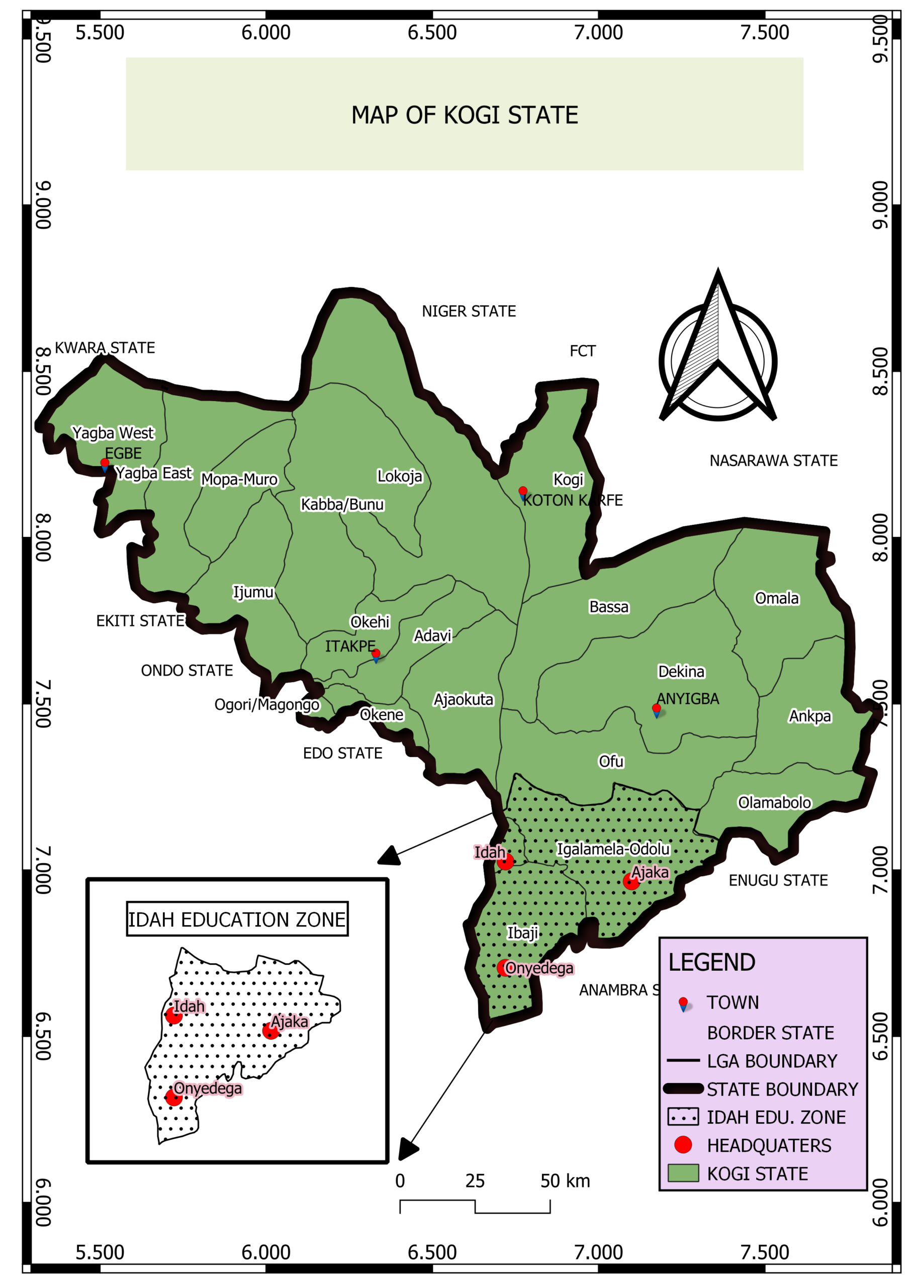 Map showing Kogi State senatorial districts