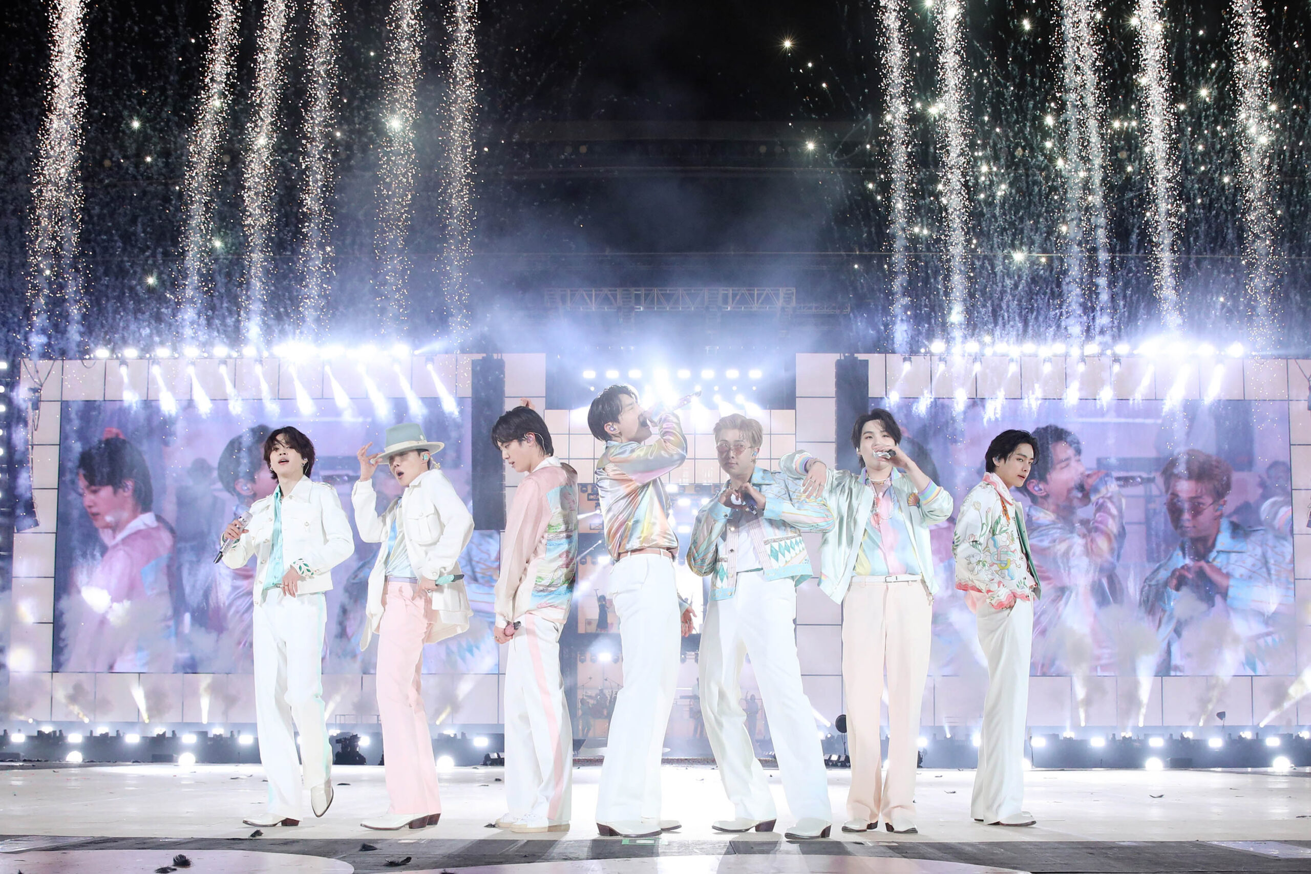 BTS performing elaborate choreography on large concert stage