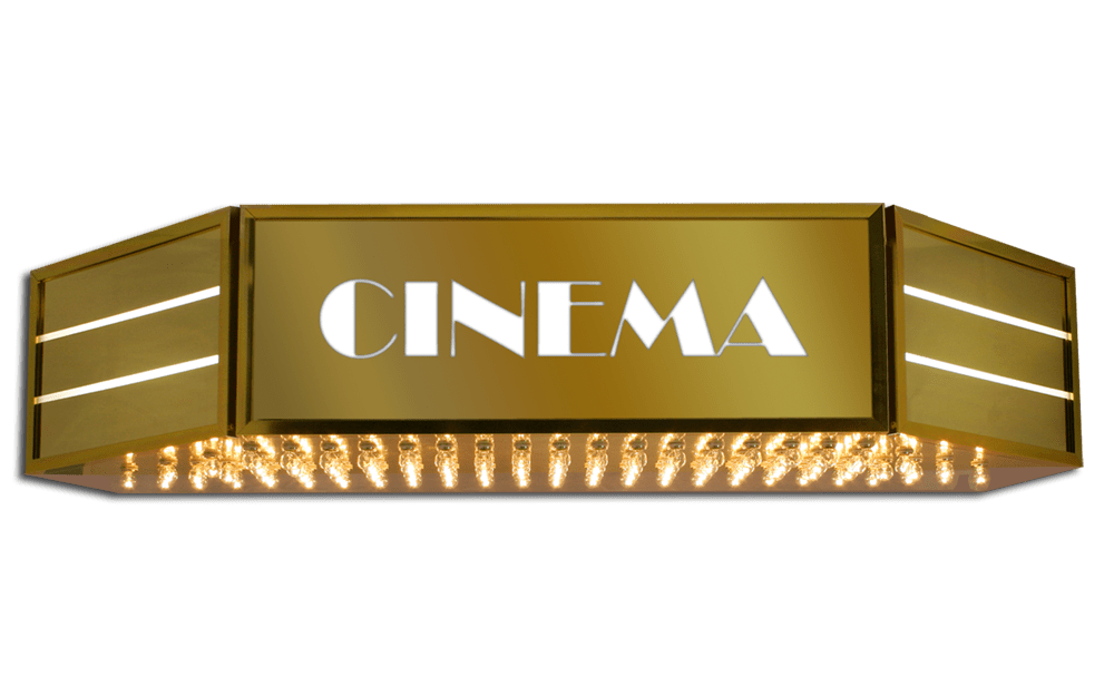 Movie theater marquee displaying current films and showtimes