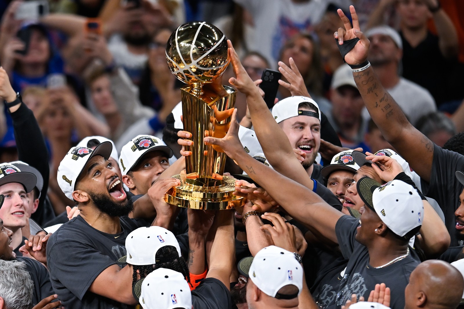 New York Knicks players celebrating NBA championship win