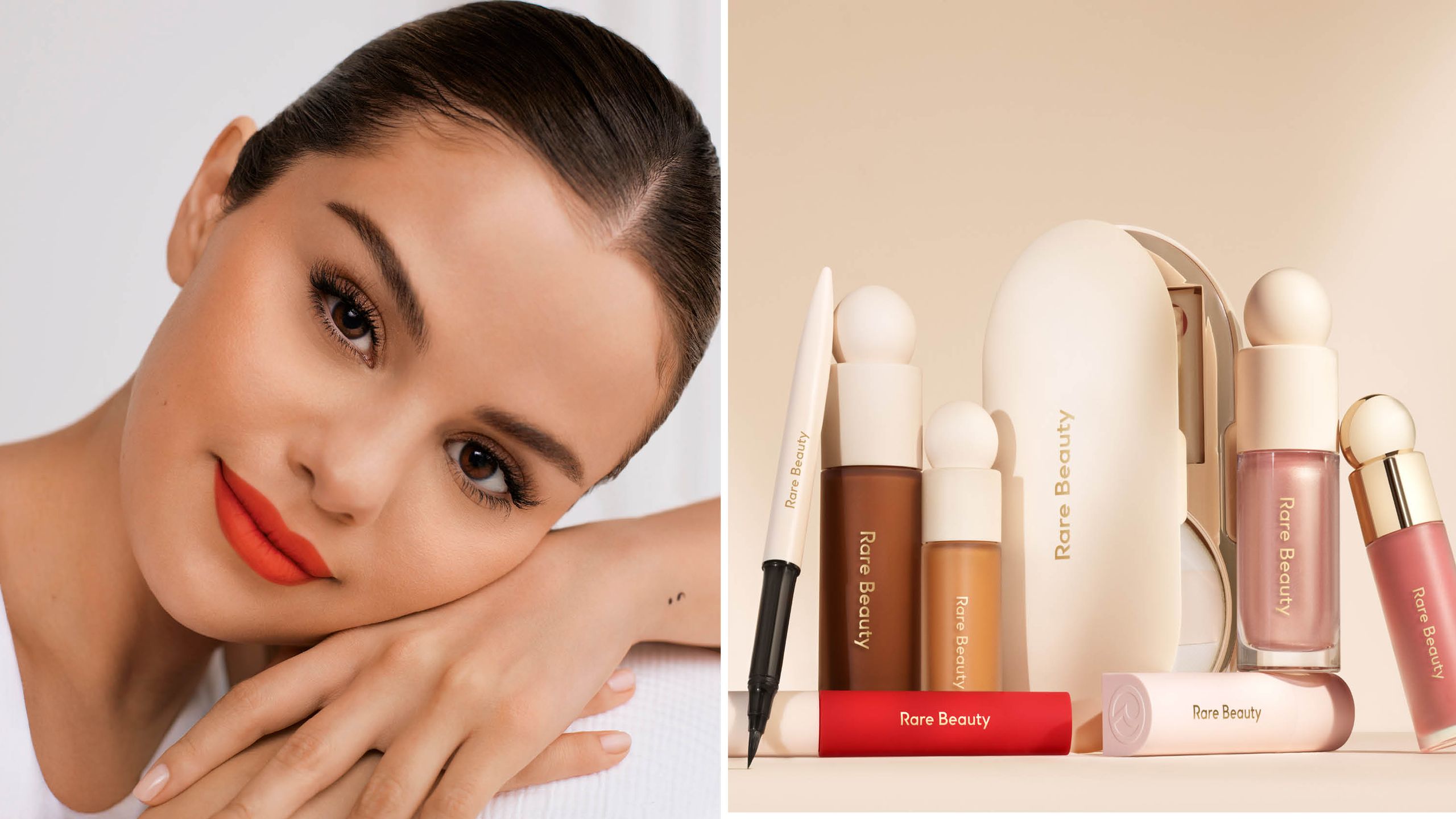 Selena Gomez promoting her Rare Beauty makeup line