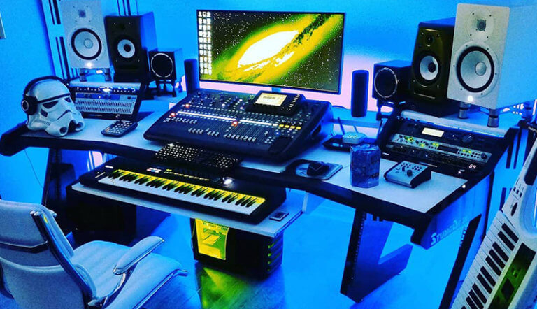 Modern home recording studio with digital audio workstation