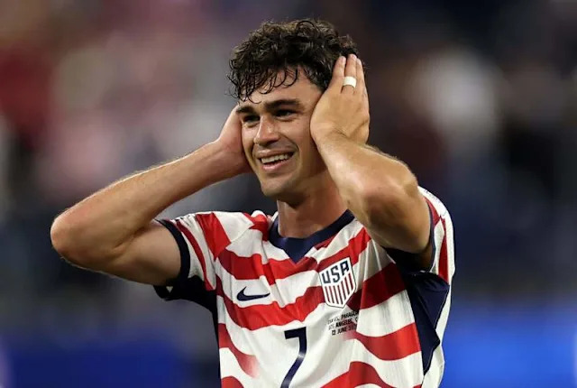 Gio Reyna celebrating his first World Cup goal for the United States Men's National Team