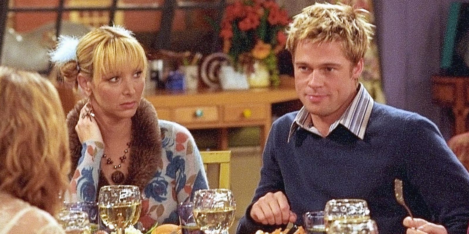 Friends television show cast with Brad Pitt during filming