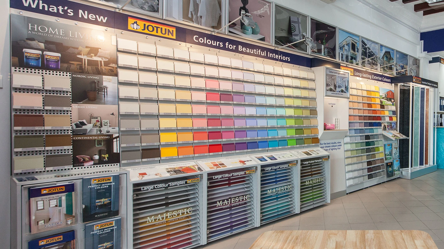 Interior design showroom with paint color displays and samples