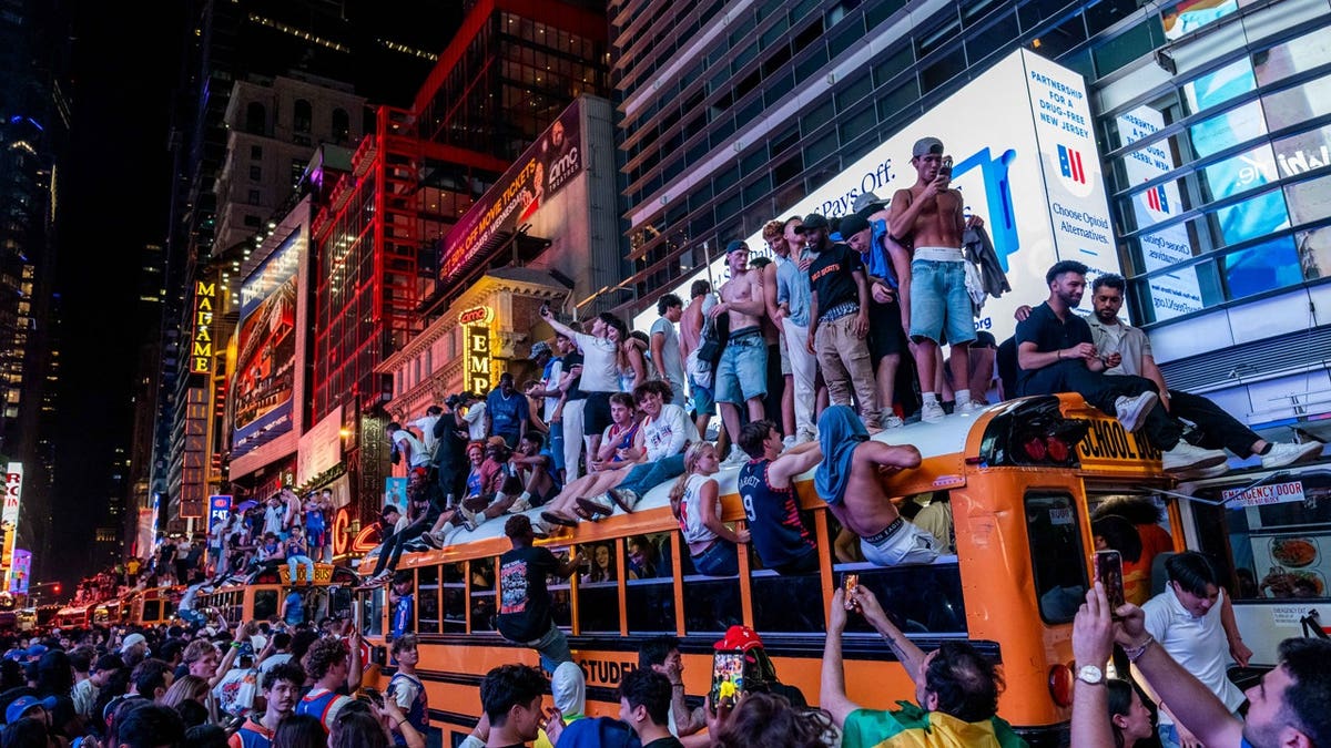 New York Knicks players celebrating their NBA championship victory