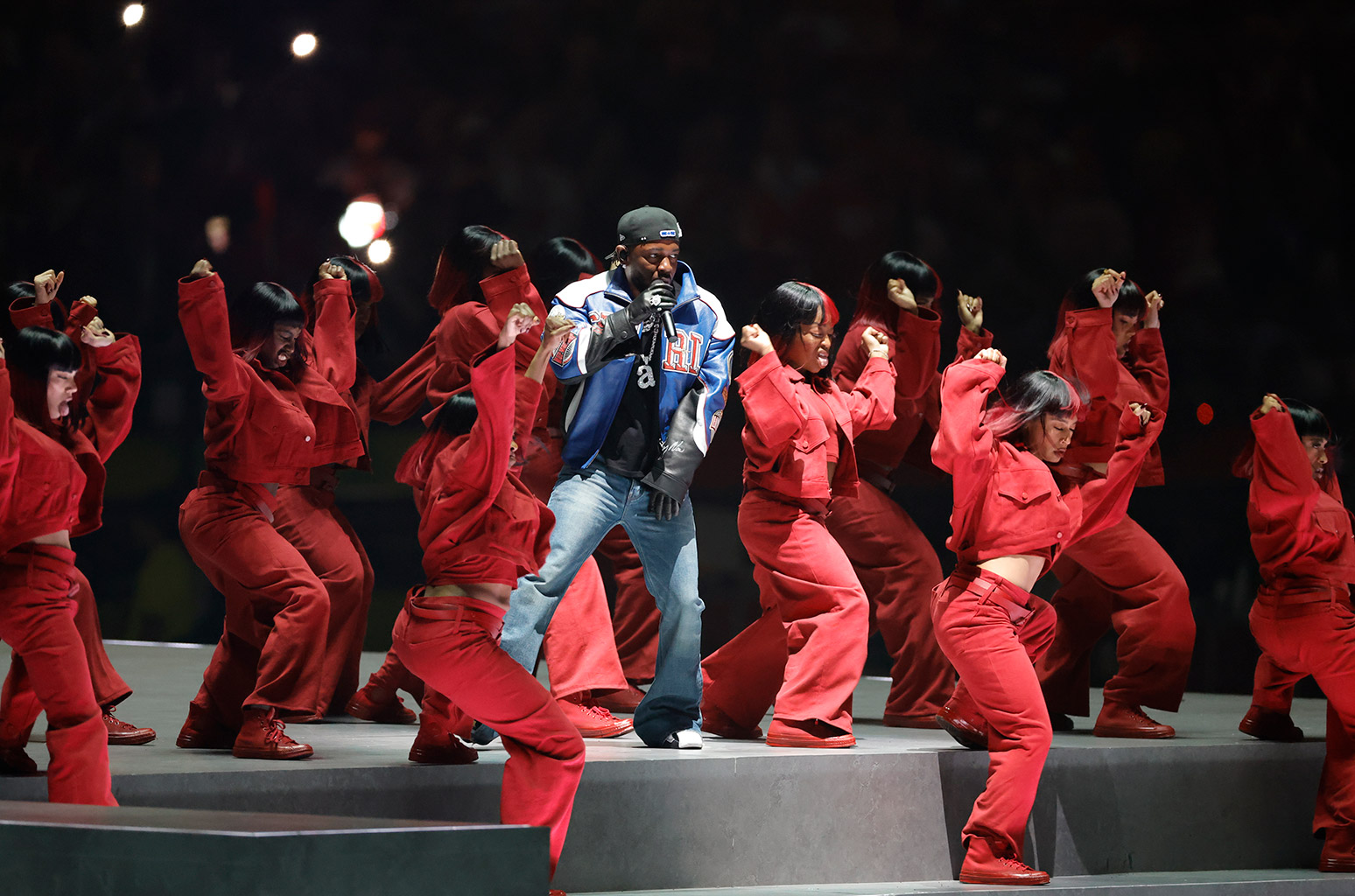 Kendrick Lamar performing at the 2025 Super Bowl halftime show