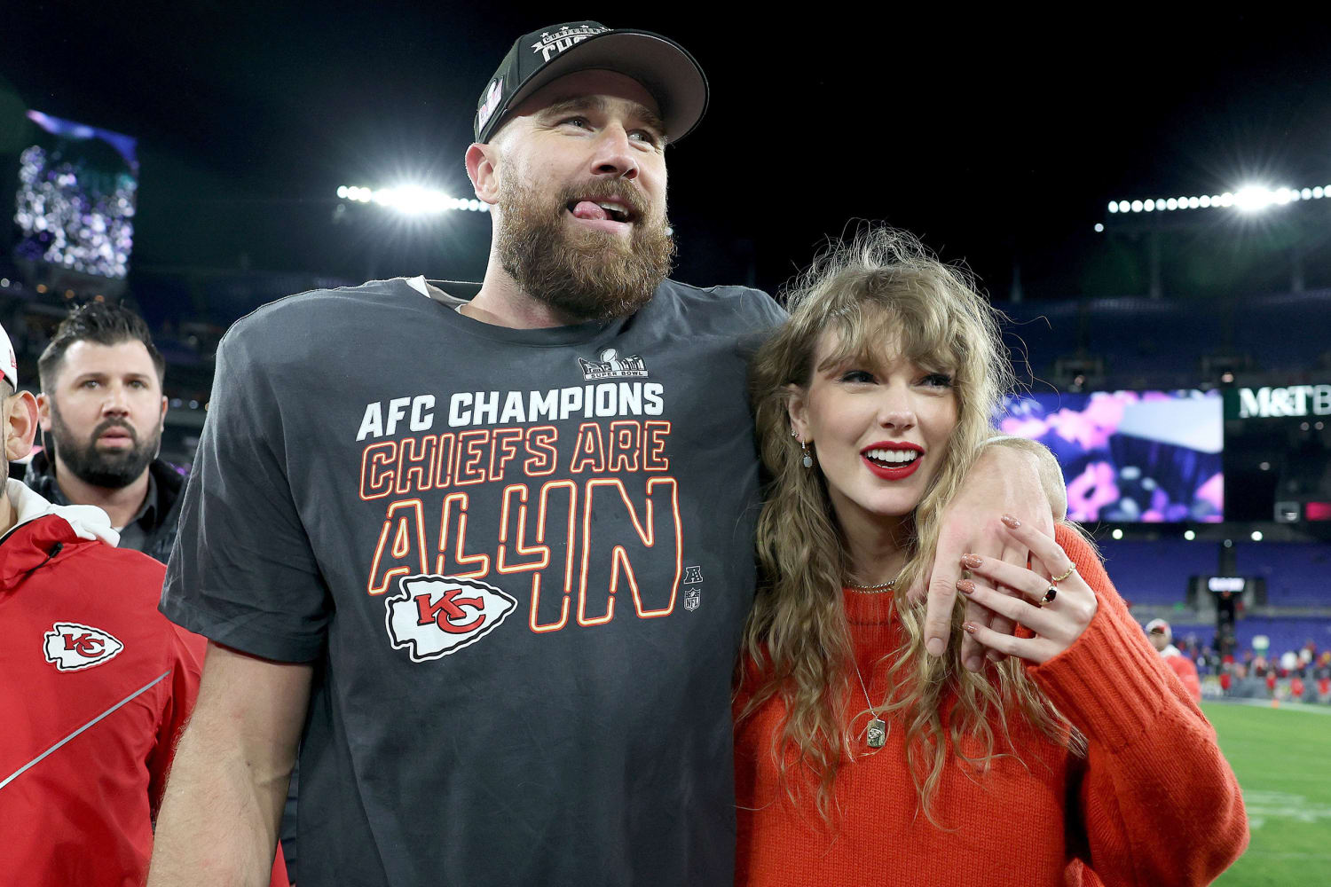 Taylor Swift and Travis Kelce at a Kansas City Chiefs NFL game