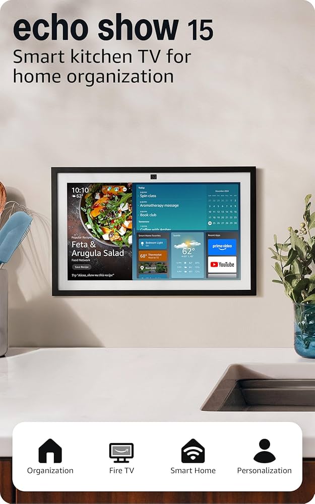 Amazon Echo Show 15 mounted on a wall as a smart home display