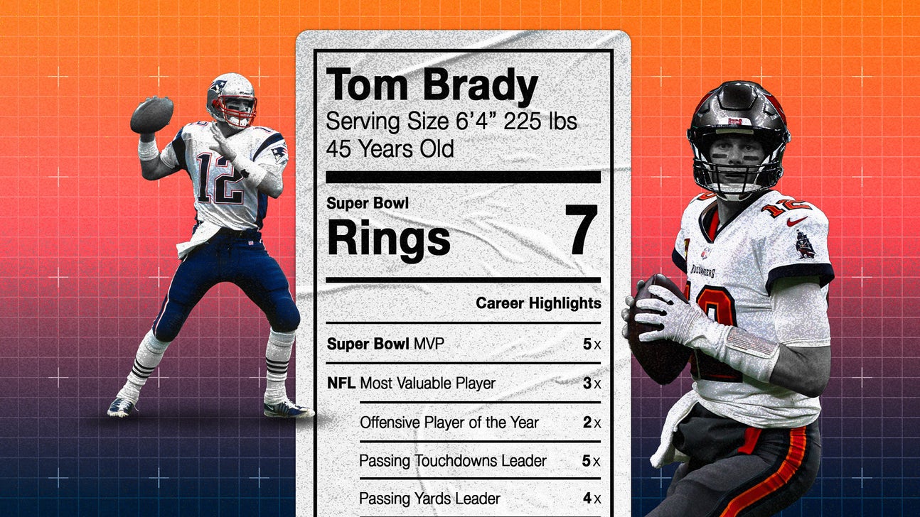 Tom Brady during his NFL career with championship trophies