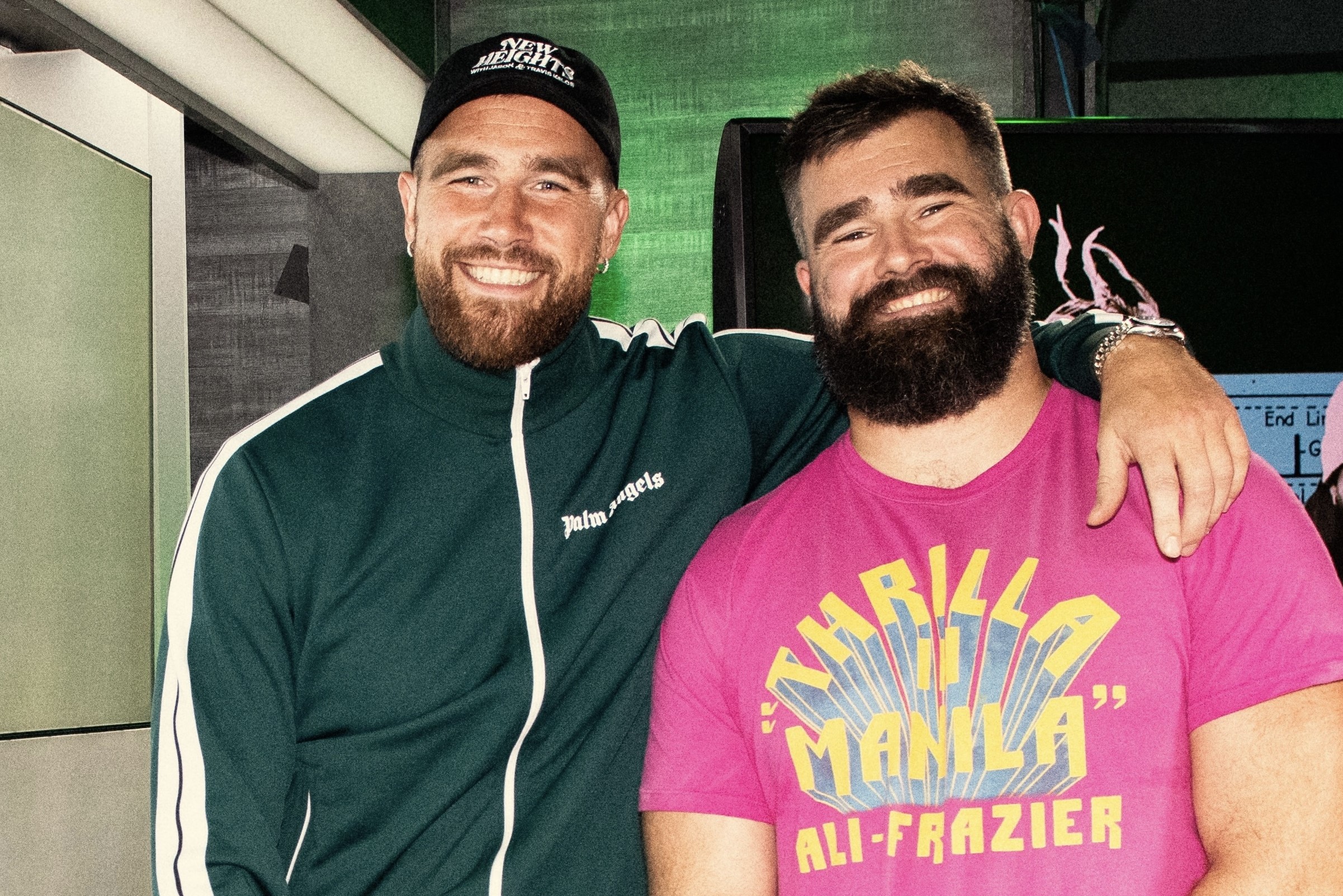 Travis Kelce hosting his New Heights podcast with brother Jason Kelce